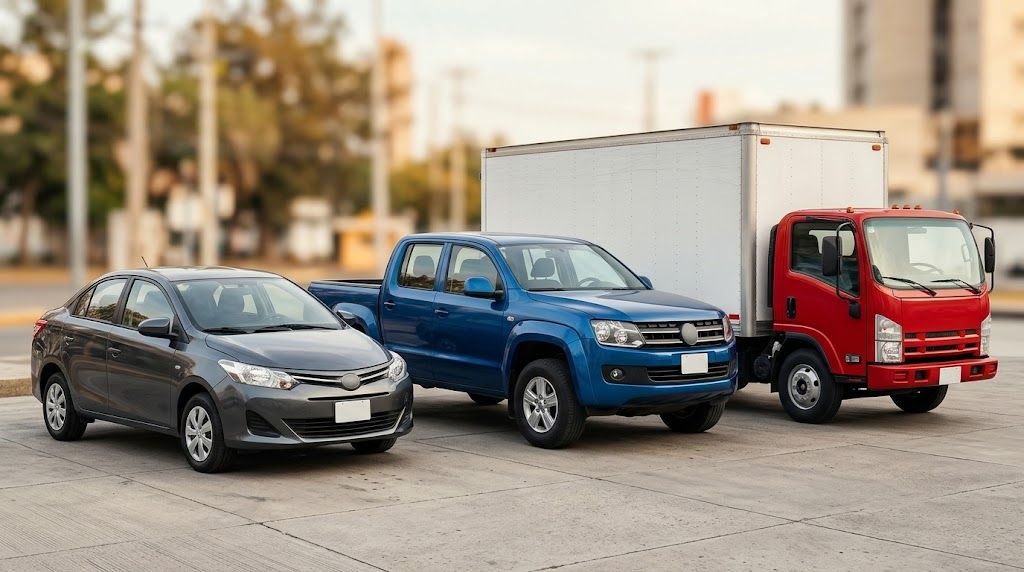 Un sedán, una camioneta pickup y un camión de carga estacionados